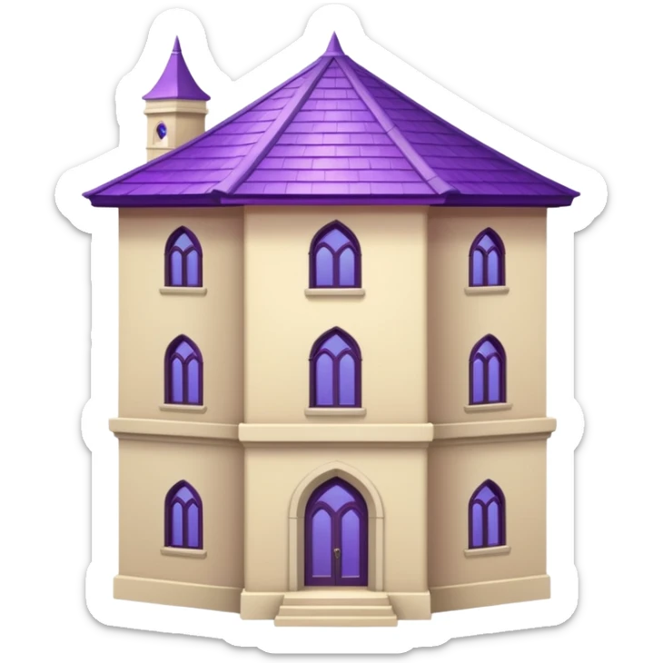 a single tall seclusion tower with large windows above, a purple roof and cream walls, and no entrance sticker