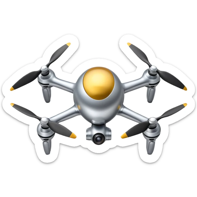 A futuristic drone emoji made of polished silver chrome, smooth rounded body, minimal propellers, reflective metallic surface, soft studio lighting, iOS emoji style, centered, clean white background sticker
