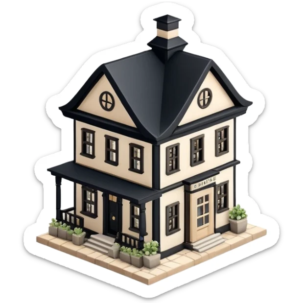 Isometric exterior little black, beige, and white apothecary, dollhouse style 3D realistic  sticker