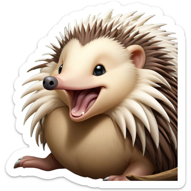Cinematic Cute Yawning Echidna Portrait Emoji, Head tilted slightly with a dramatic, wide-open yawn, showcasing a soft, downy spiky fur with a slightly drooping snout and small, drowsy eyes, Simplified yet irresistibly adorable features, highly detailed, glowing with a soft, cozy glow, high shine, relaxed yet expressive, stylized with a touch of prickly whimsy, bright and endearing, soft glowing outline, capturing the essence of a sleepy yet affectionate echidna, so drowsy it feels like it could curl up out of the screen for a nap! sticker