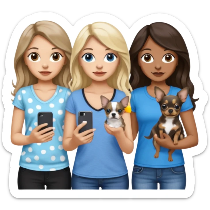 Three women in summer clothes holding iPhones, hazel eyed light skin with dark blonde long hair and Brown eyed,light skin,black long wavy hair, blue eyed light skin long blonde hair with 2 dogs, blue spotted Merle Frenchie and black and tan chihuahua  sticker