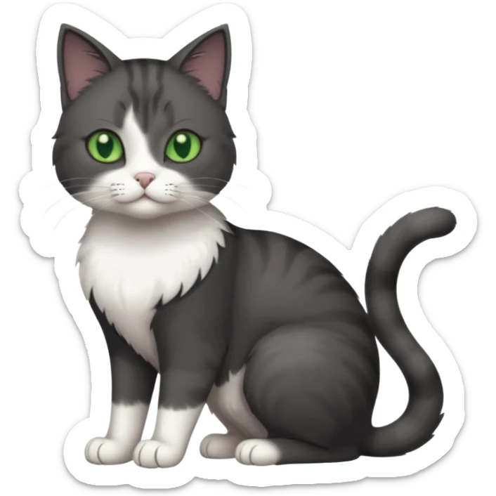 full body view of beautiful female solid dark grey cat with green eyes, white toes/paws and white patch on her chest sticker