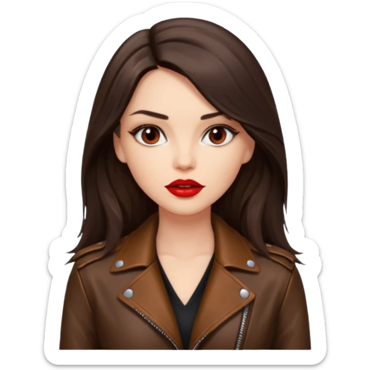 brunette with long hair in cuir jacket with red lips and very dark brown eyes sticker
