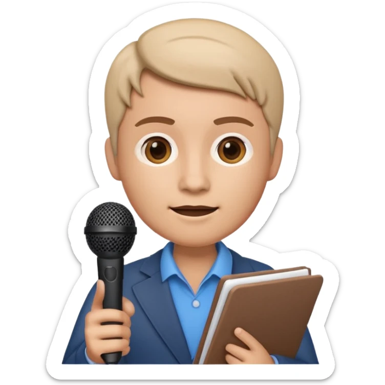 Apple Memoji-style 3D emoji of a journalist holding a microphone and notepad, smooth gradients, rounded shapes, no background. sticker