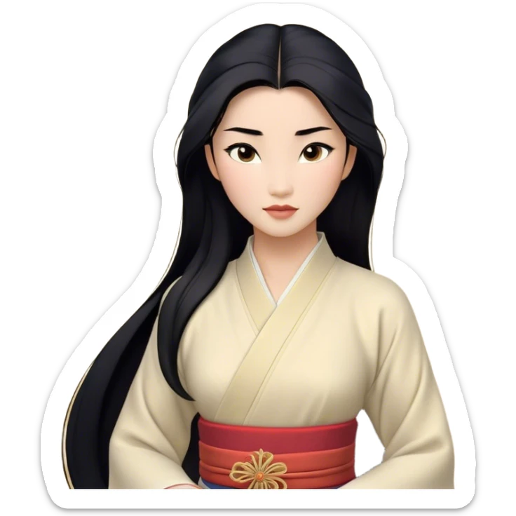 Cinematic Realistic Mulan Portrait, depicted with lifelike skin texture, soft natural lighting, and intricately detailed long black hair styled elegantly. Her deep, expressive eyes exude determination and grace, complemented by a serene yet confident expression. She is dressed in her classic attire, with rich fabric textures and delicate folds that catch the light beautifully. The portrait features a soft, enchanting glow with a natural, radiant finish, capturing the essence of timeless strength and beauty in a realistic and painterly style, evoking a sense of depth and authenticity. sticker