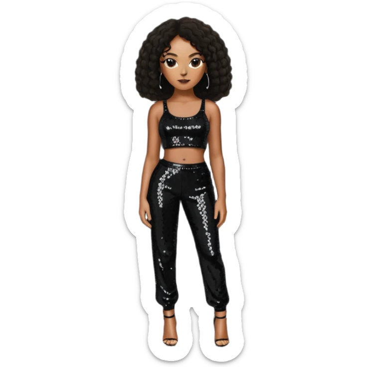 Solange with long dark brown hair, black sequin crop top, black sequin pants sticker