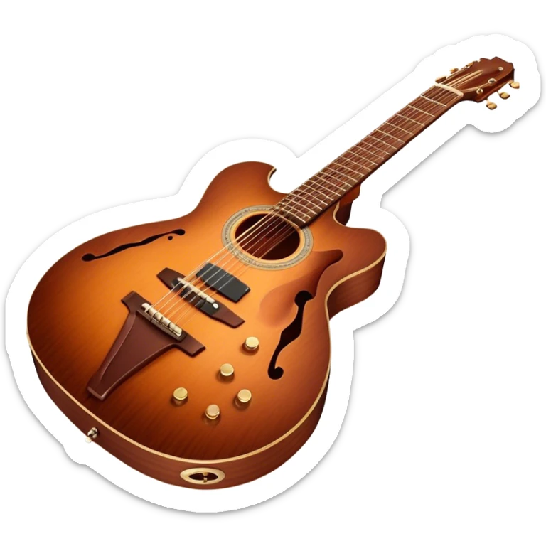 Cinematic Realistic Guitar, smooth mahogany body with deep wood grain, metal strings catching soft reflections, intricate tuning pegs gleaming subtly, warm light accentuating the contours, glowing with the warmth of music and craftsmanship. sticker