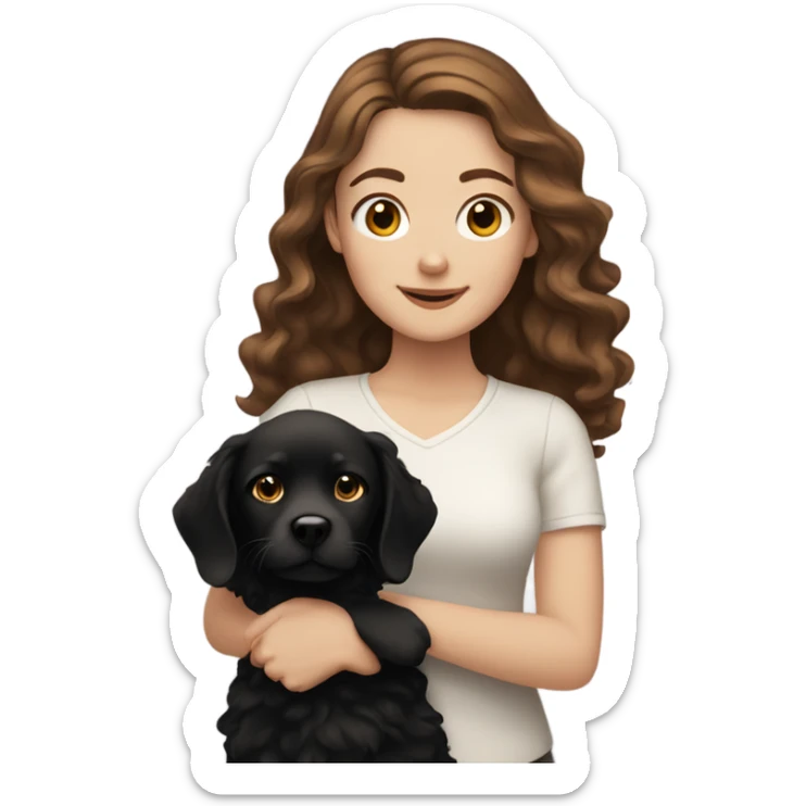 white girl with wavy brown hair holding black dog sticker