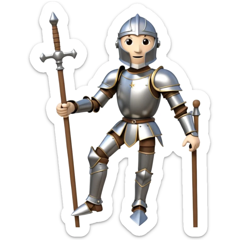 3D render of Knight Puppet as a wooden marionette puppet, Painted silver wood armor, strings, silver metal screw joints at elbows and knees, polished brown wood texture, rigid toy pose, emoji style, isolated on white background --v 6.0. sticker