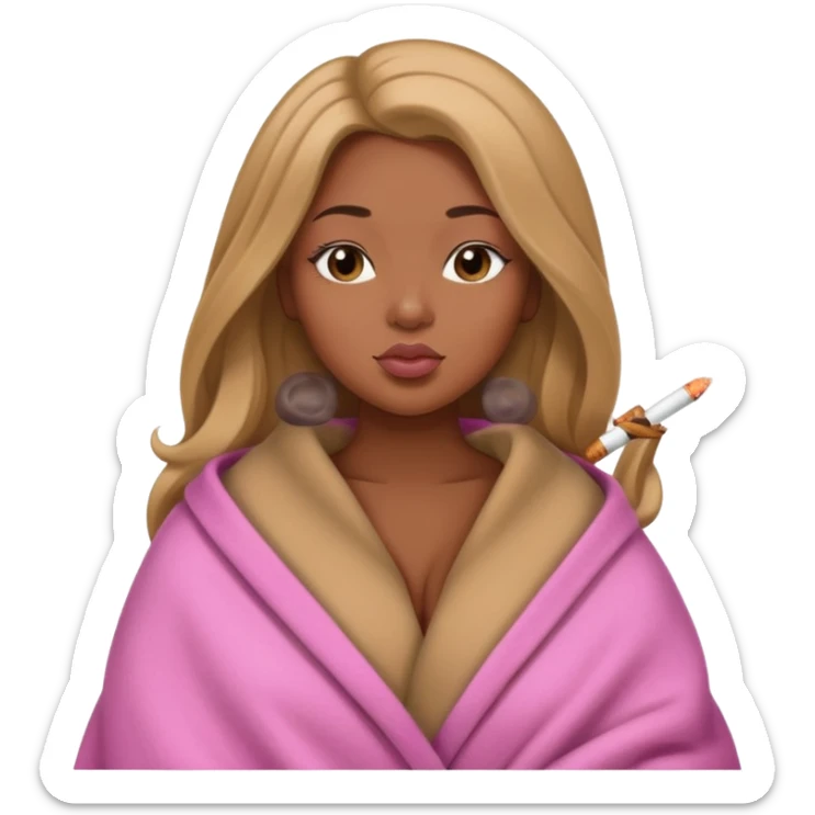 Curvy, light brown long hair, pretty black girl light pink lipgloss smoking wrapped in blanket sticker