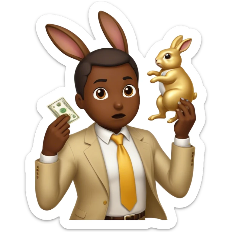 Create an emoji of a desperate entrepreneur sweating and chasing a golden rabbit holding a dollar bill. The rabbit is always slightly ahead, impossible to catch. The character looks frustrated, exhausted, and stuck in an endless race sticker