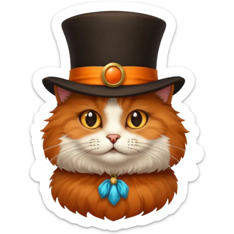 fluffy cat with orange, black, and brown fur, wearing a brown tophat sticker