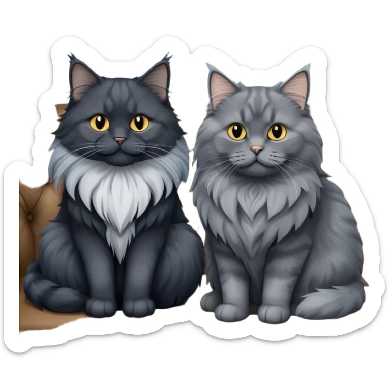 A large black smoke Maine Coon cat with long grey ear tufts and a fluffy grey ruff, sitting next to a chubby British Shorthair cat in blue color with plush fur, both sitting comfortably on a leather sofa. Beautiful room background with flowers and soft lighting. Transparent background. sticker