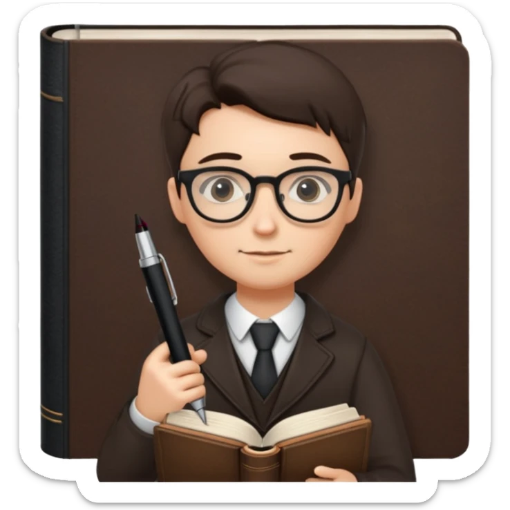 writer holding big pen and book, wearing glasses , zoom out sticker
