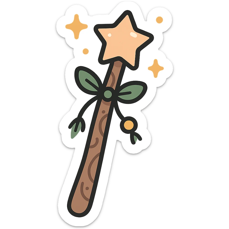 A cute and magical wand with an elegant, whimsical design, incorporating a color palette of golden orange (FA9B41), forest green (4A7C5C), soft taupe brown (96775A), and pastel peach (FFCC9A). The wand is slender and slightly curved, made of smooth wood with delicate carvings. At the top, there's a glowing gem or star in peachy tones, surrounded by tiny sparkles. Decorative elements like a ribbon, tiny leaves, or a small charm add a cozy, storybook-like charm. The overall look is gentle, enchanting, and magical, perfect for a forest fairy or a kindhearted young wizard. sticker