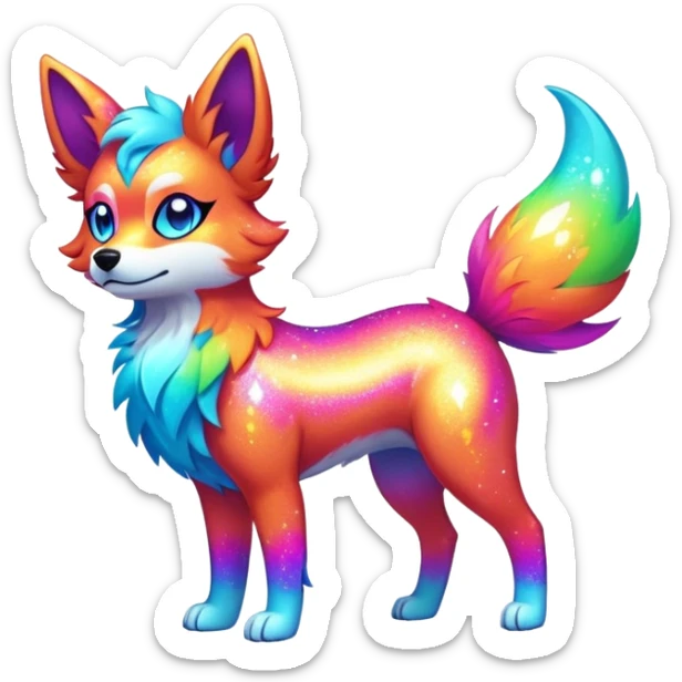 Vibrant multicolored neon-colored Falvie-Fionbri-creature-sparkle-dog-fursona, full body sticker