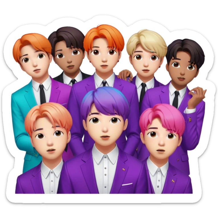 Cinematic Realistic group portrait of BTS featuring all 7 members in stylish modern attire, with detailed facial expressions and vibrant colors, captured in dynamic, contemporary lighting that emphasizes their global pop icon status sticker