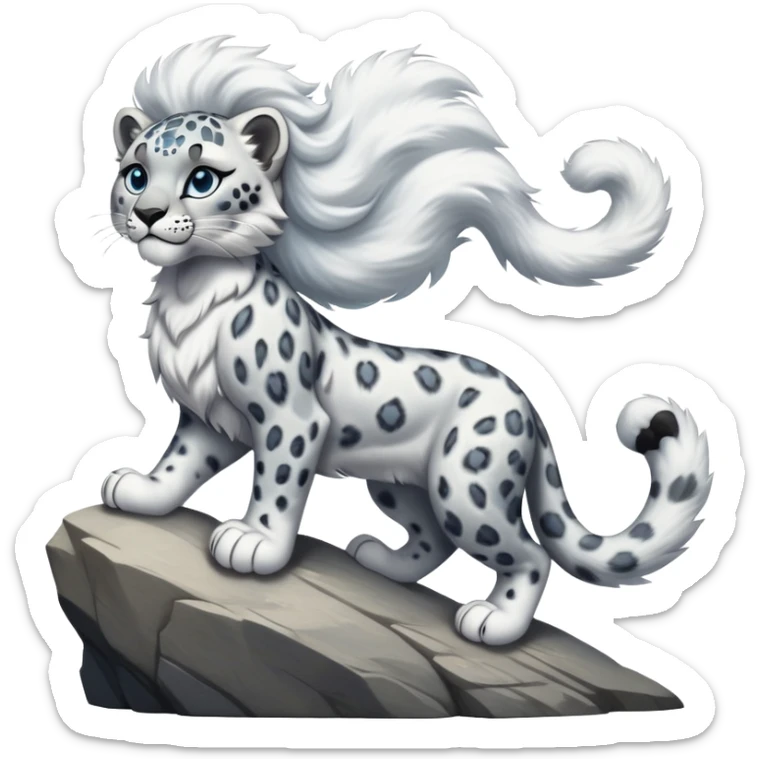 cinematic-snow-leopard-realistic-full-body-standing-emoji,-muscular-yet-graceful-body-balanced-on-rocky-cliffs,-long-fluffy-tail-swirling-behind,-head-tilted-dramatically,-thick-ghostly-white-fur-speckled-with-black-rosettes,-piercing-icy-blue-eyes,-simplified-yet-realistic-focused-features,-highly-detailed,-glowing-with-an-almost-sarcastic-glow sticker