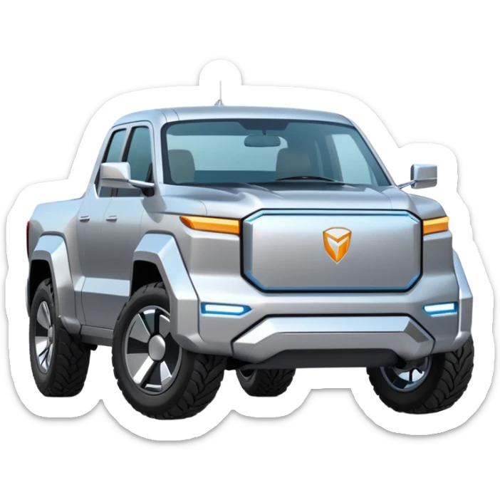 A futuristic electric pickup truck emoji, silver chrome body, angular cyber design, smooth metallic panels, subtle reflections, minimalistic proportions, iOS emoji style, centered composition, clean white background, soft lighting sticker