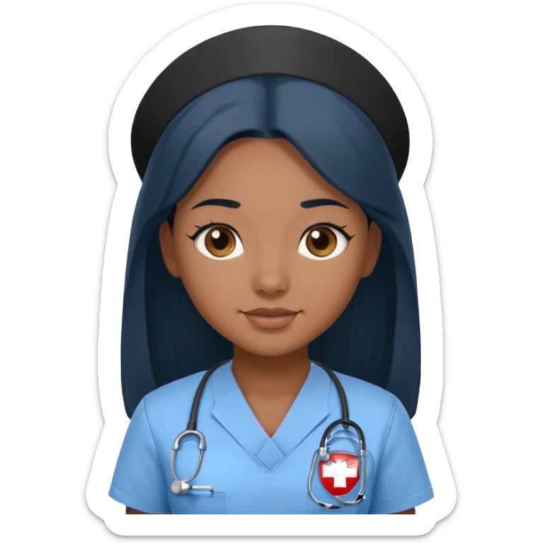 pretty brown skin nurse with long black hair and thin brown eyes in light blue scrubs sticker