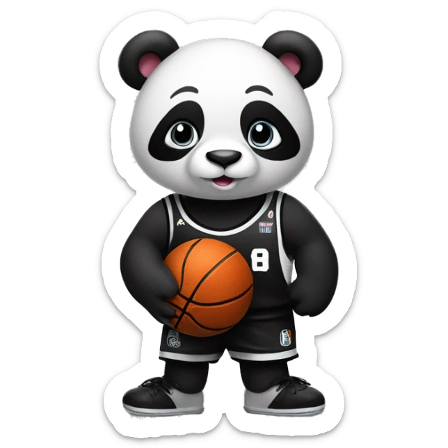 panda in black and white basketball uniform with basketball ball in his hands sticker