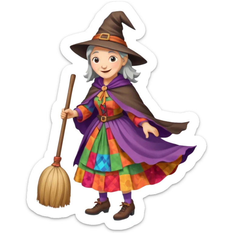 Befana flying on a broomstick: friendly old witch with a warm smile, big nose, rosy cheeks, wearing a colorful patchwork dress and shawl, riding a classic wooden broom. sticker