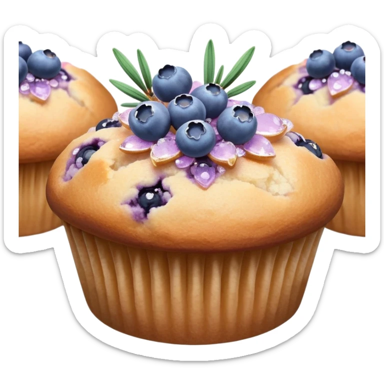 Lavender flower sprigs on a muffin with blueberries and sugar crystals without frosting  sticker