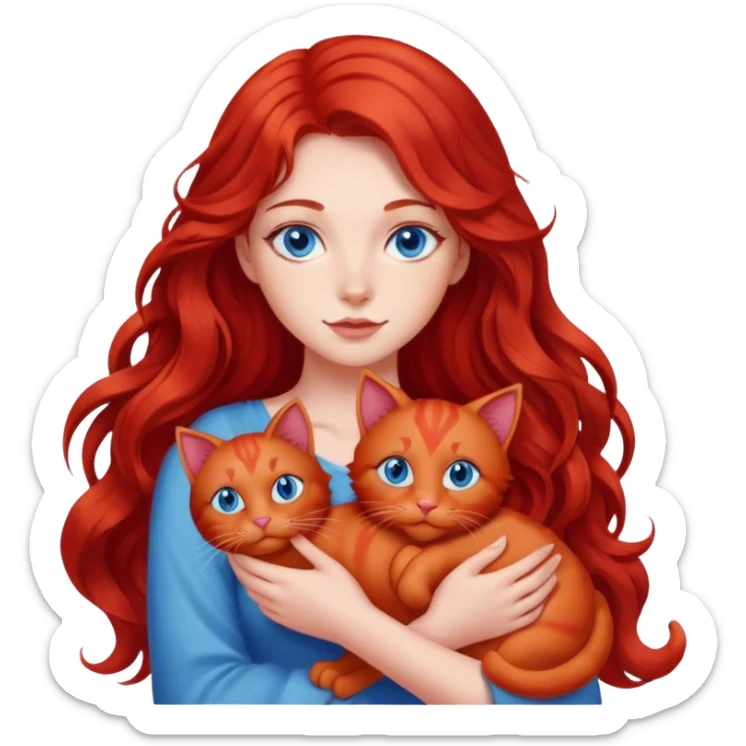 girl with red long wavy hair and blue eyes holding a red cat sticker