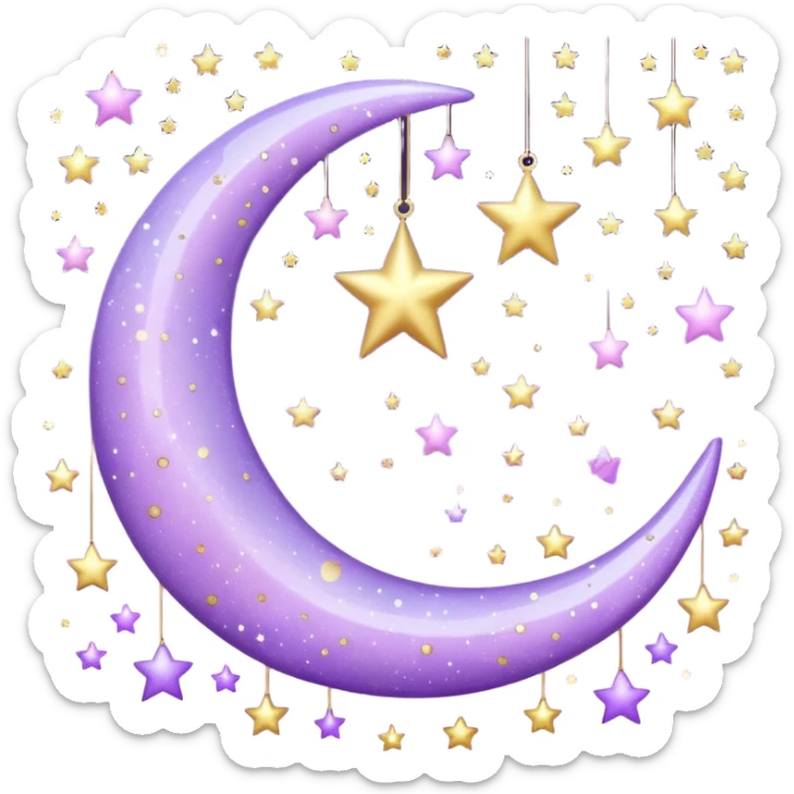 Beautiful sparkly glittery shiny pretty hanging pastel lilac lavender Violet crescent and stars aesthetic deco sticker
