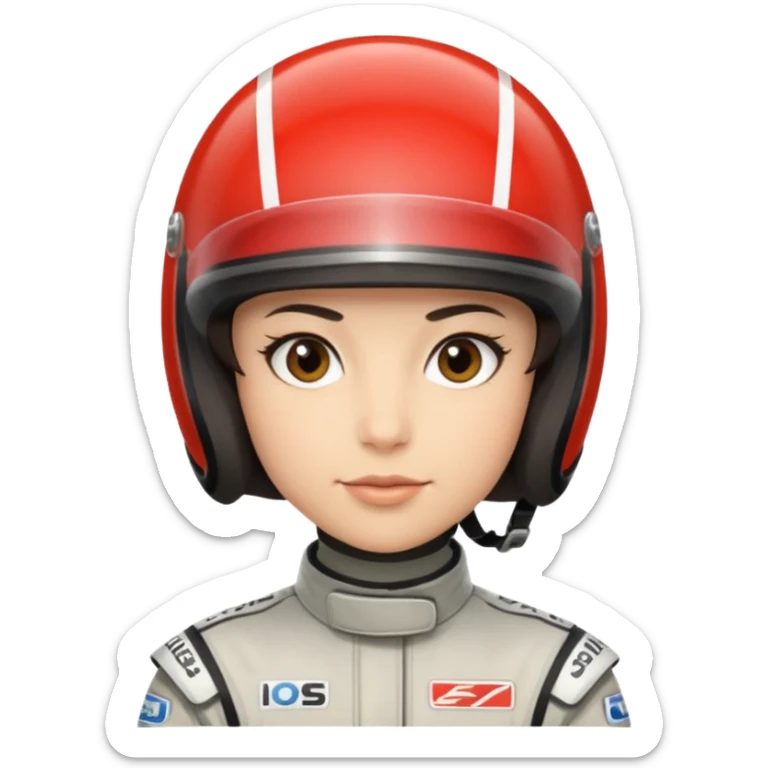 A light-skinned person with short dark hair, wearing a racing helmet and an oval face with a neutral look. sticker