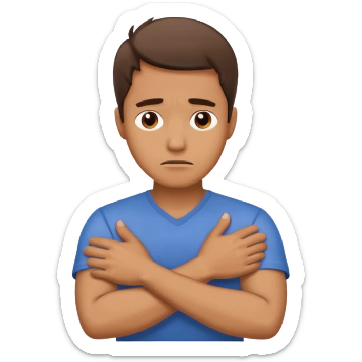 A man looking stressed holding the front of his neck with his arms crossed sticker