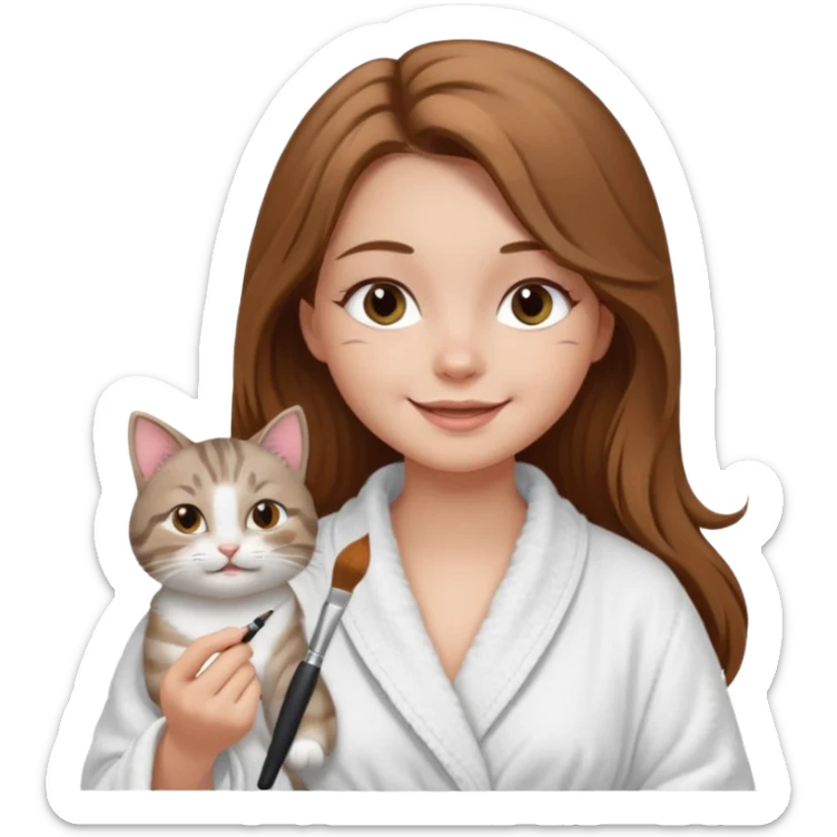 A image of a girl with light long brown hair wearing a bathrobe doing her makeup with her chubby grey tabby cat. She is smiling sticker