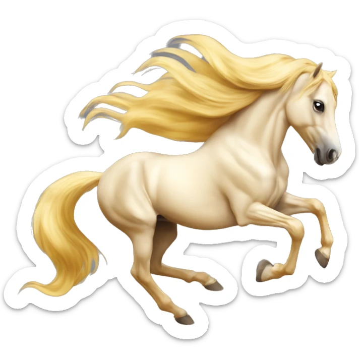 Yellow palomino horse with long flowing mane galloping with prosthetic leg, slender horse, solid yellow horse, running, galloping with prosthetic leg, pretty horse, horse with piebald foal sticker