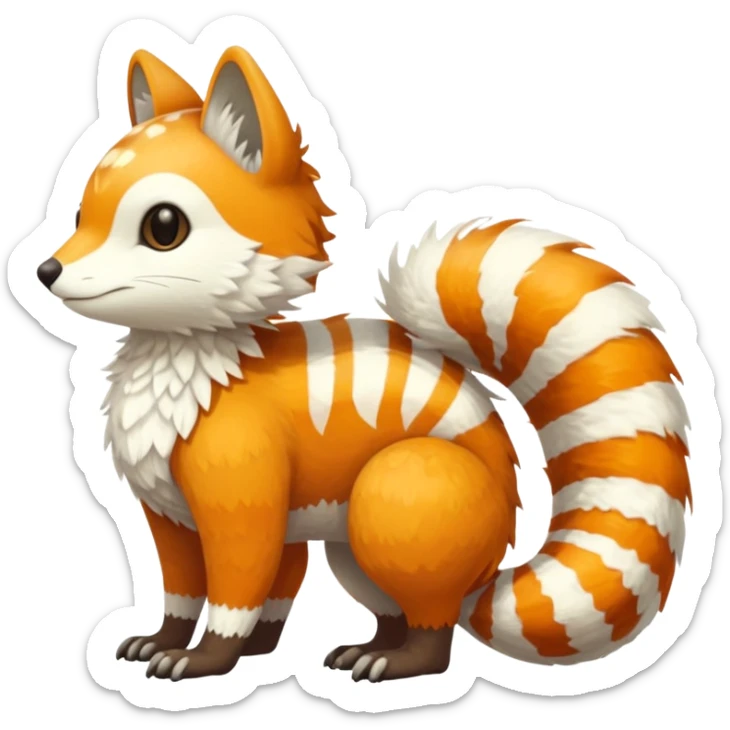 lush warm-colored Fakémon-Trico-creature (full body) with white cheek markings, white-striped tail sticker
