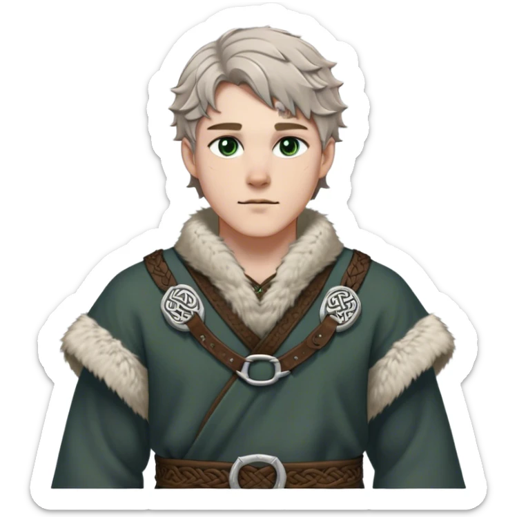 Medieval winter outfit worn by a DnD themed fantasy male character. Heavy charcoal wool tunic with arctic wolf fur lining, adorned with intricate iron clasps and a thick leather belt with celtic knotwork. Clothes only above the waist, full waist coverage. The character has no arms. Character is white-skinned with light brown hair, gray-green eyes, and short wavy hair dusted with winter's touch. sticker