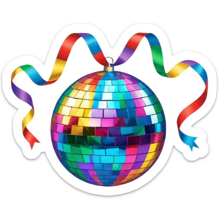 emoji: shiny disco ball with salesmail logo and streamers for New Year's sticker