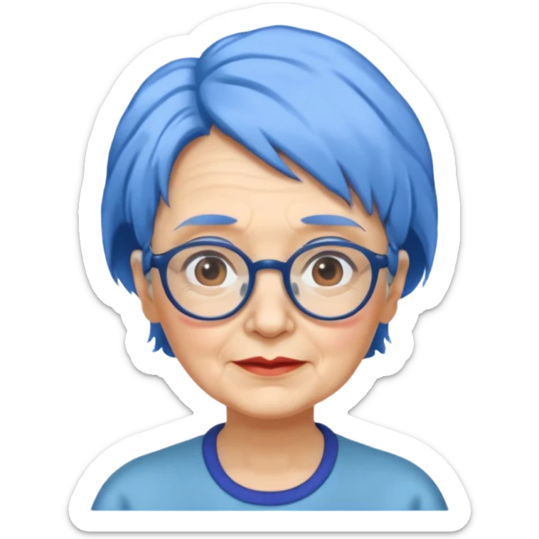 old lady with blue hair, wearing glasses, slight curl short hair sticker