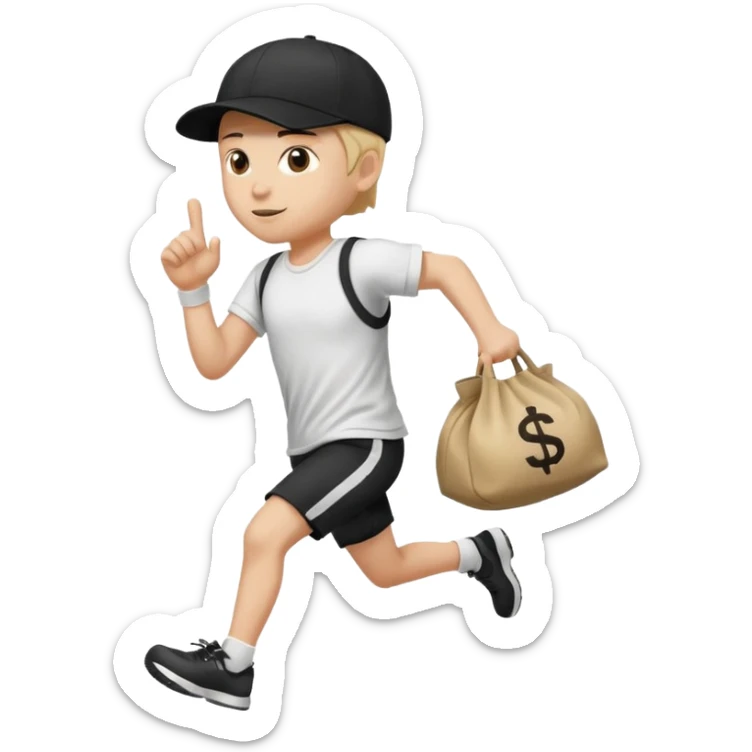 Thief with black cap white t-shirt with black Stripes emoji runing with money bag sticker