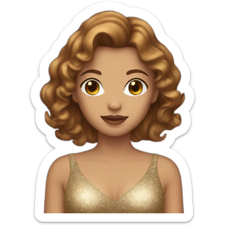 female with brown wavy hair dressed in a glitter dress sticker