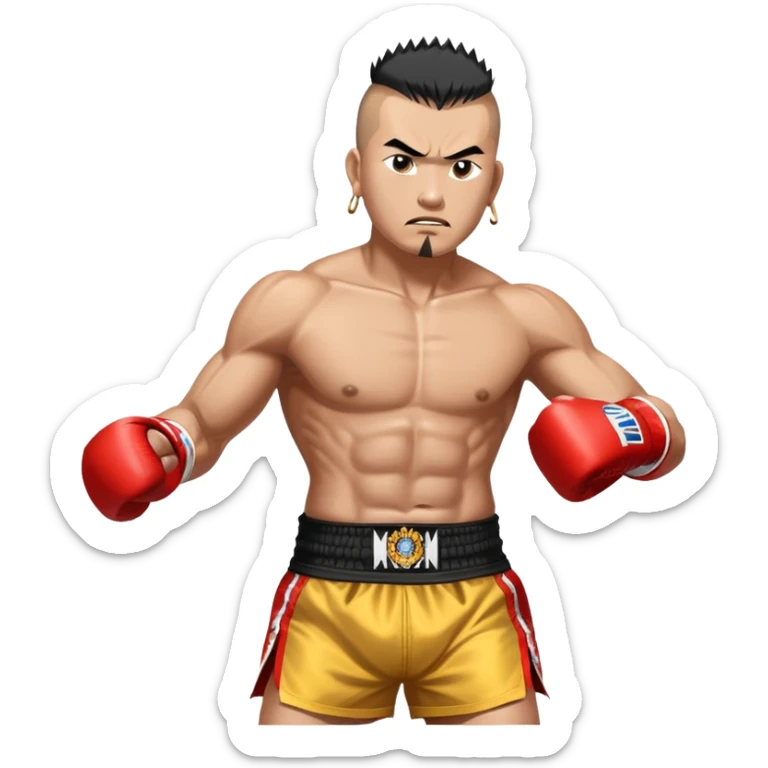 Rodtang Jitmuangnon the Iron Man, fierce Muay Thai fighter with mohawk hairstyle, intense expression, muscular build, wearing mongkhon headband and traditional Muay Thai shorts sticker