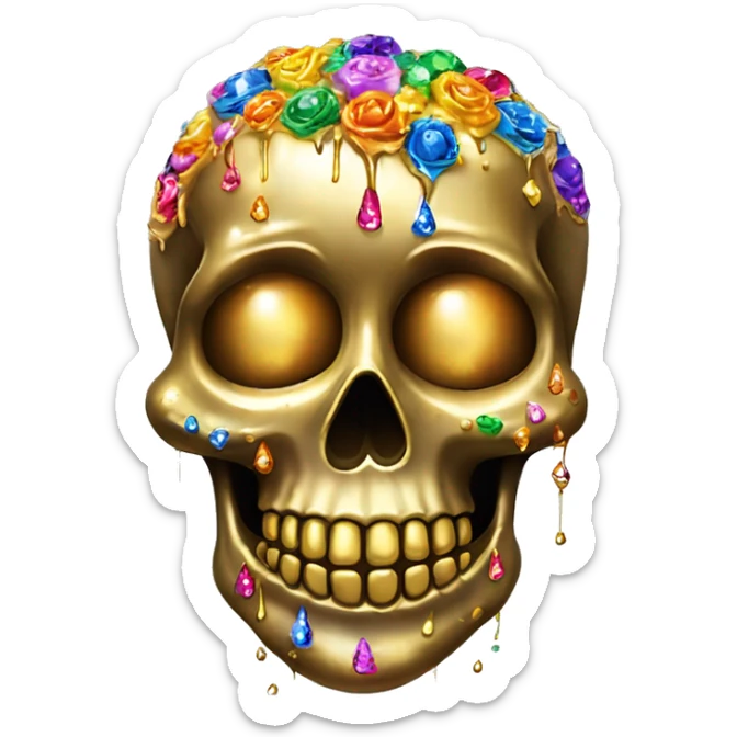Realistic sugar skull decorated with colorful rhinestones with metallic gold candle on top of its head dripping down melted metallic gold wax down the skull sticker