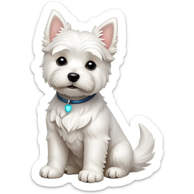 cinematic-[west highland white terrier]-realistic-full-body-sitting-emoji,-tail-resting-loosely-beside-its-paws,-head-tilted-dramatically, dooped ears -wavy-[white-fur,-simplified-yet-realistic-focused-features,-highly-detailed,-glowing-with-an-almost-sarcastic-glow sticker