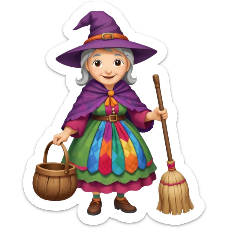 Befana flying on a broomstick: friendly old witch with a warm smile, big nose, rosy cheeks, wearing a colorful patchwork dress and shawl, riding a classic wooden broom. sticker