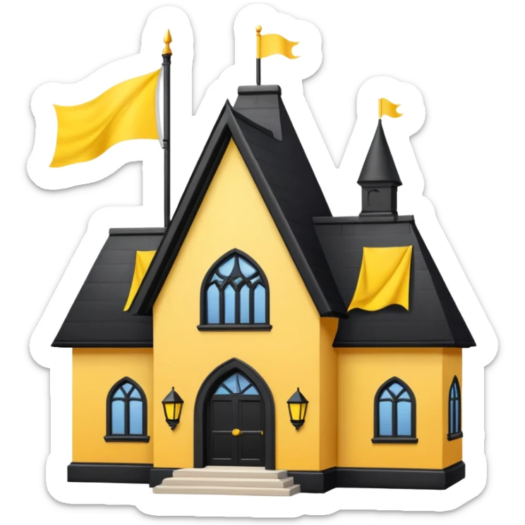 white background, magic school, black roof, with a big flag, big flag on a roof, big yellow flag, white school sticker