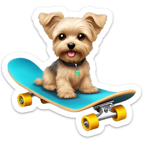 yorkie bichon mix. dog with light tan curly fur, very very long ears down. dark brown eyes, mouth closed. on a skateboard sticker