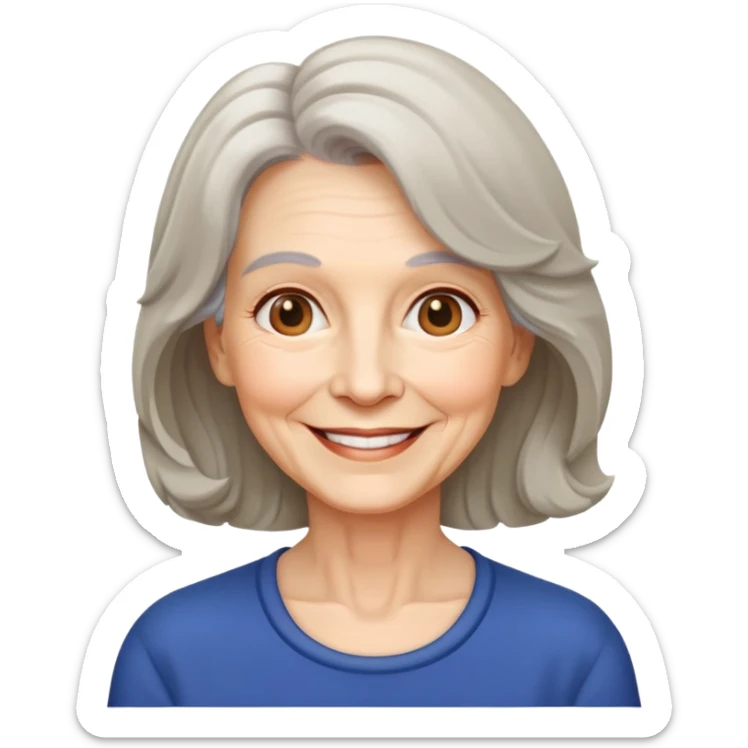 "- Nữ
- 70 tuổi
- Da trắng
- Tóc ngang vai, xoăn nhẹ
- Mặt cười" sticker