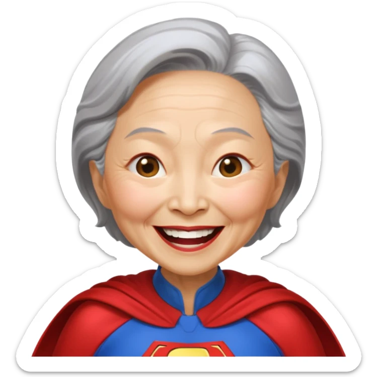 Laughing crazily elderly Chinese superwoman with head tilted backward, eye slightly closing sticker