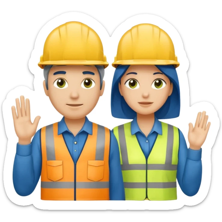 Um homem e uma mulher amarelos com capacete de obras azul escuro e camisa social cinza com faixas refletivas verdes nos braços. Um deles deve estar segurando um megafone sticker