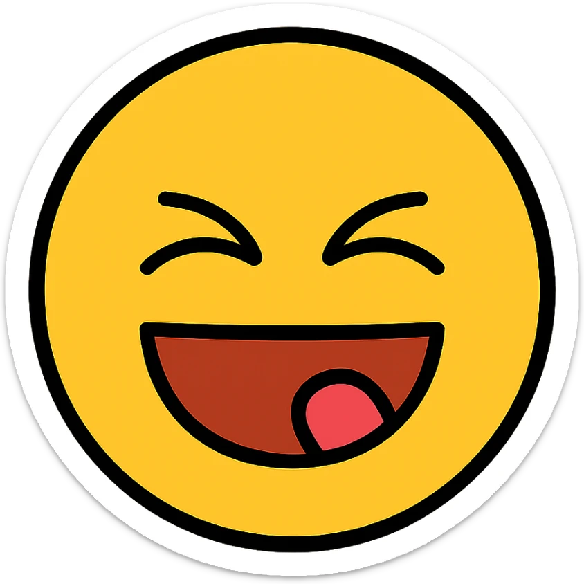 emoji face with tightly shut eyes, big smiling mouth, tongue touching upper lip, icon style sticker
