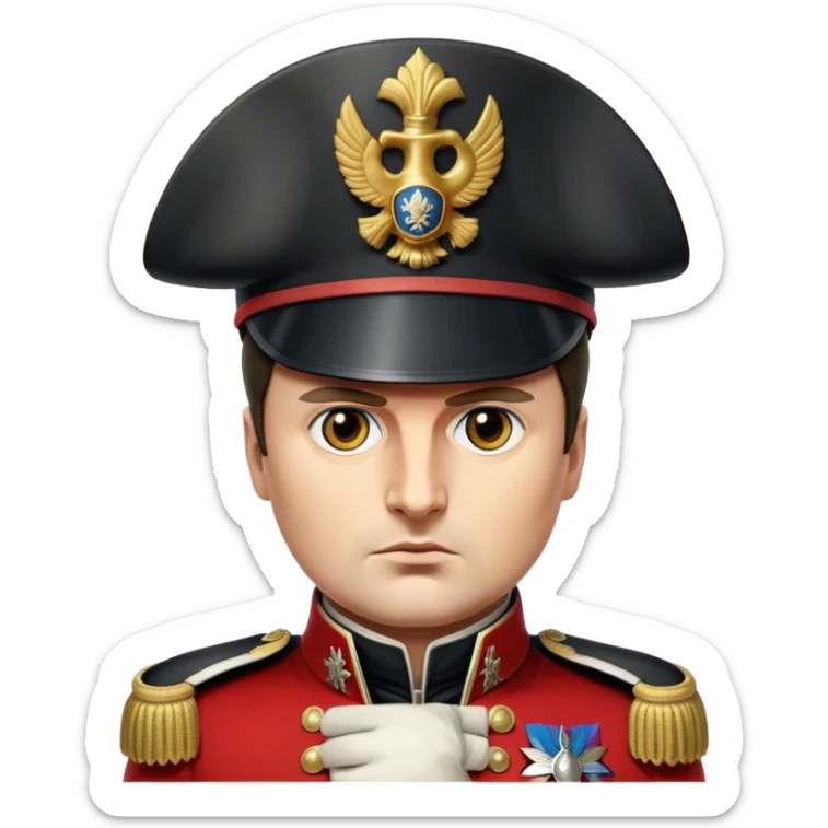 Cinematic Realistic Napoleon Bonaparte Portrait Emoji, depicted as a commanding military leader with a determined gaze and iconic bicorne hat, rendered with dramatic textures and bold historical lighting that captures his imperial legacy. sticker